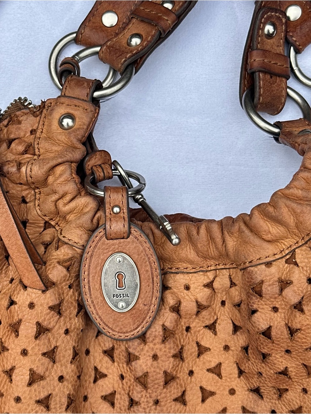 VTG FOSSIL TAVA PERFORATED LEATHER BOHO HOBO‎ BAG SLOUCHY CUTOUT SHOULDER TAN